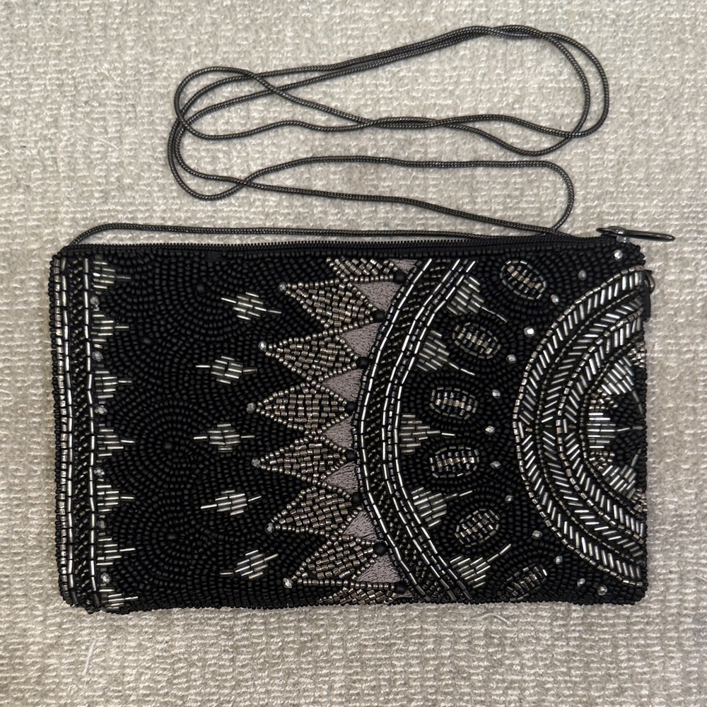 Elegant Black and White Beaded Clutch evening bag
